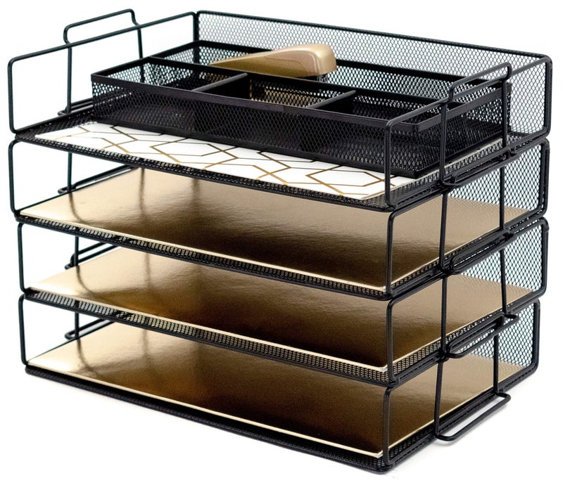 BLU MONACO 4-Tier Stackable Paper Tray | Black Metal Mesh Letter Tray File Holder | Desk Organizer for Office Organization | 14.8 x 13 x 10.9 in Workspace Document Storage - Image 1